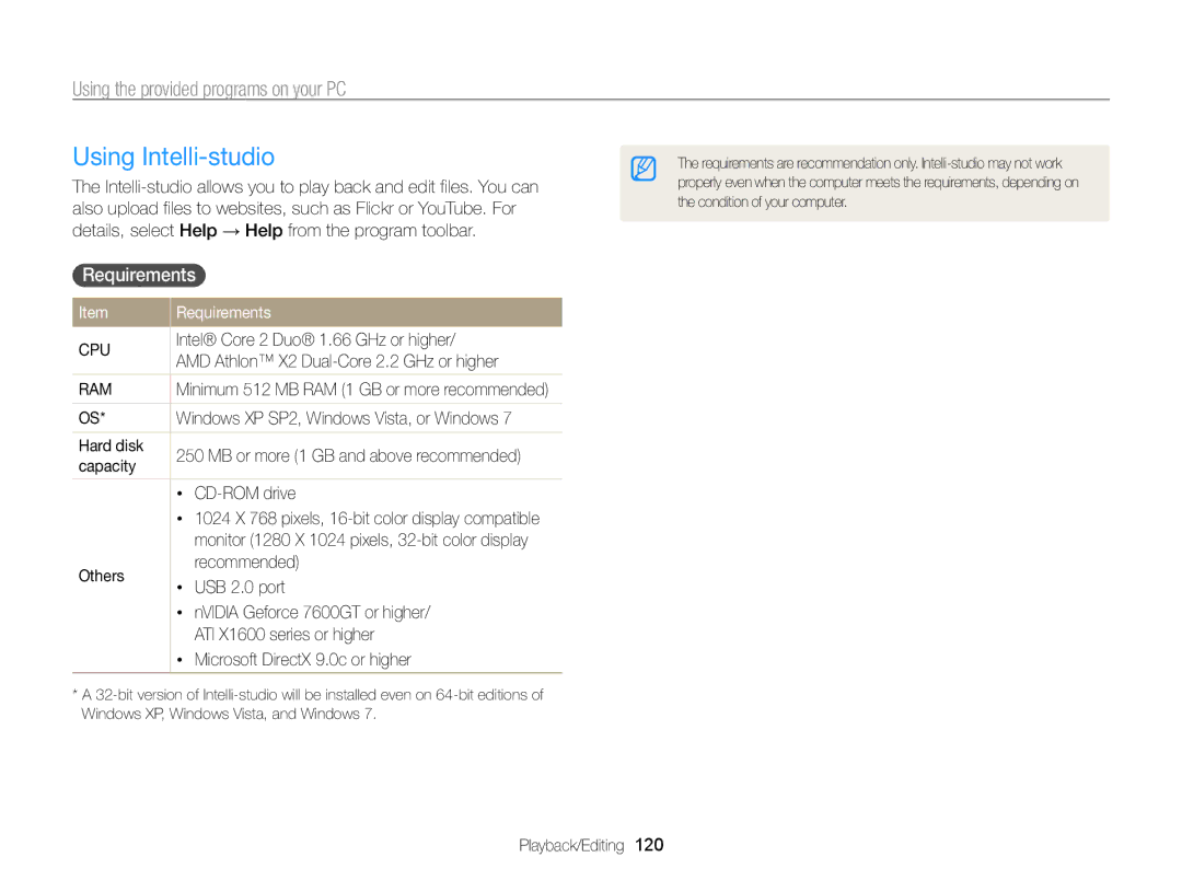 Samsung EC-WB850FBDBAE, EC-WB850FBPBFR manual Using Intelli-studio, Using the provided programs on your PC, Requirements  